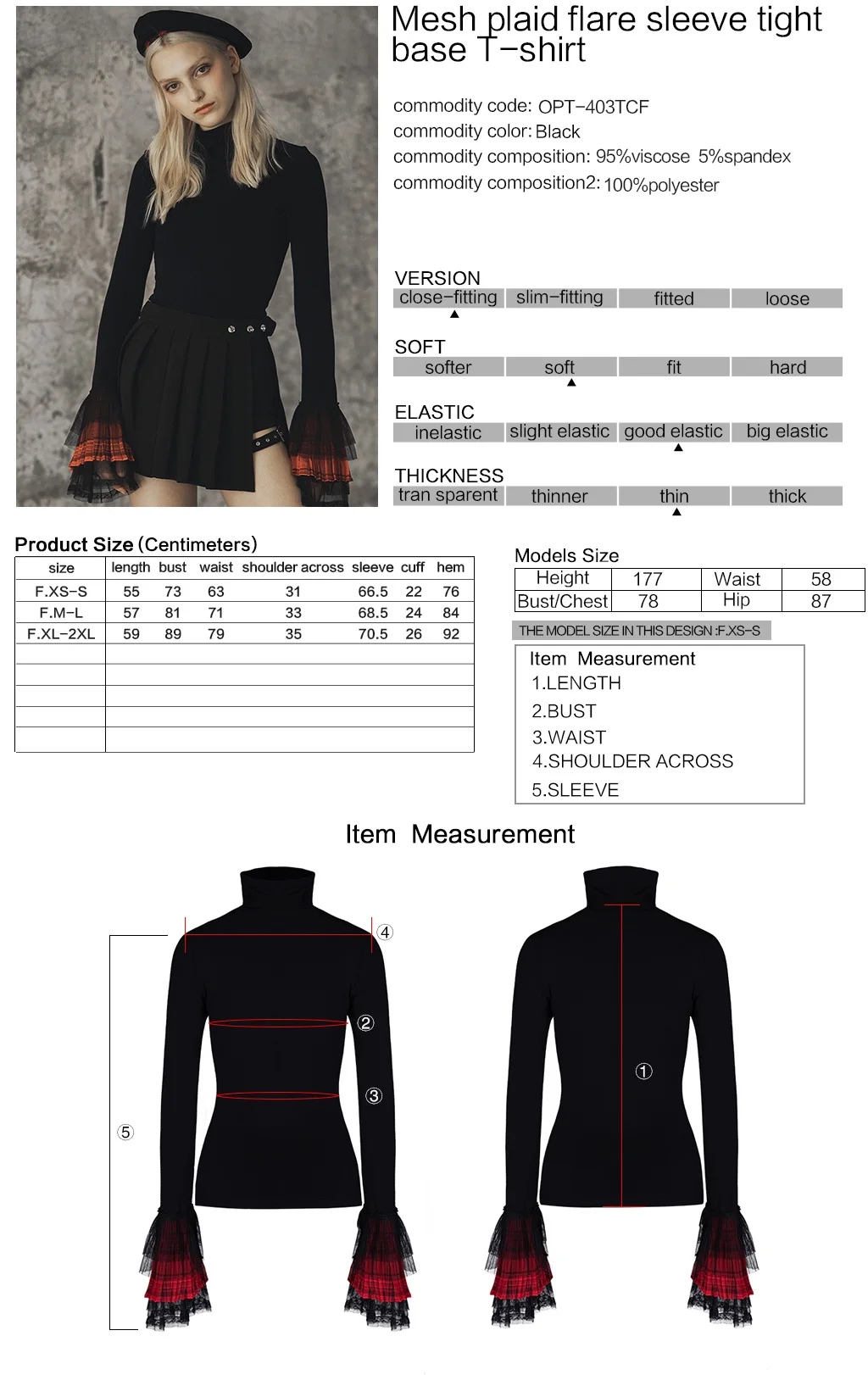 

PUNKRAVE Women's Gothic Turtleneck Mesh Plaid Flare Sleeve Bottomming Top Daily Wear Skin-friendly Knitted Long Sleeve T-shirts