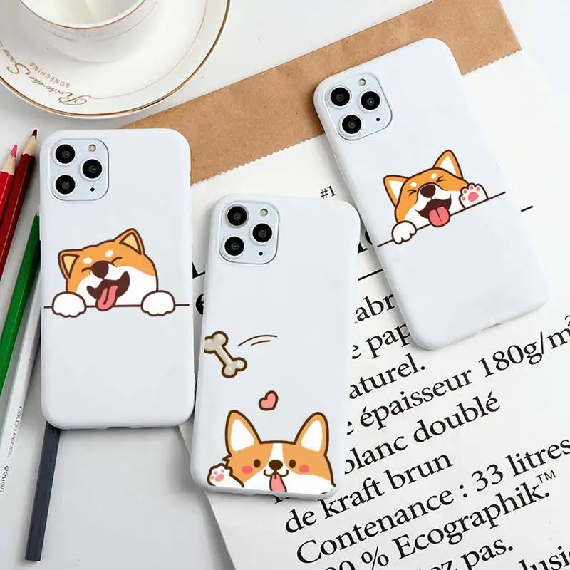 Cute Dog Corgi Pink Heart Phone Case for iphone 13 12 11 pro max mini XS MAX 8 7 6 6S Plus X XR Candy white Silicone Cases cover