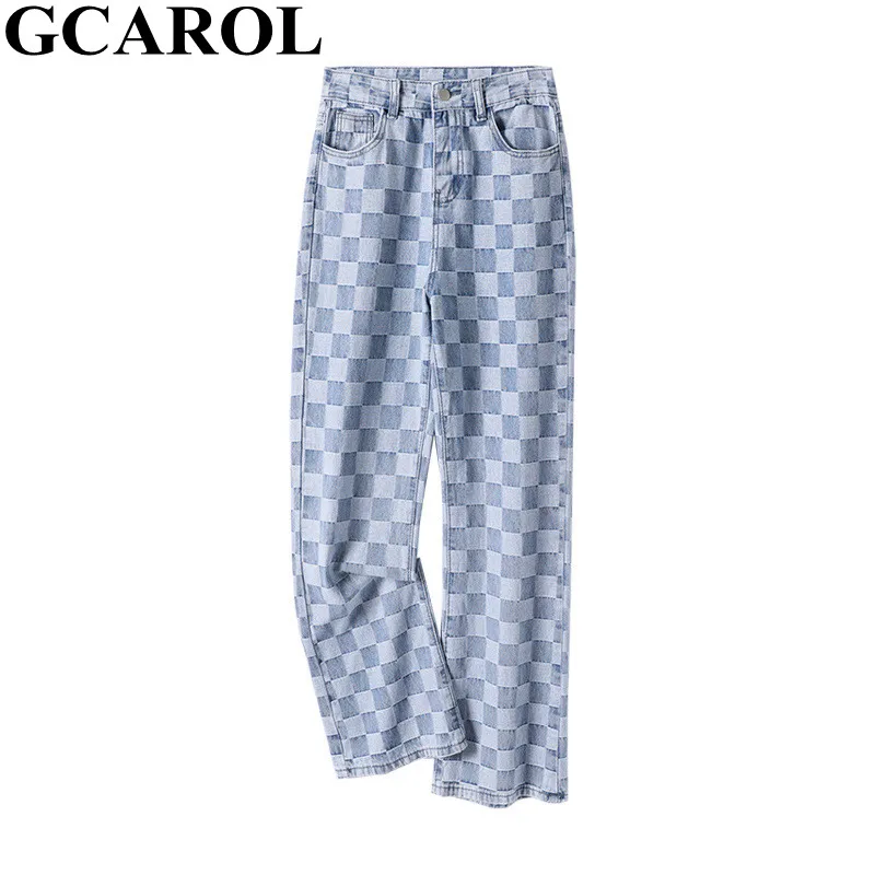 

GCAROL женские объемные брюки без застежки, сетчатые жаккардовые прямые джинсы с высокой талией, свободные широкие брюки размера плюс XL 4 сезон...