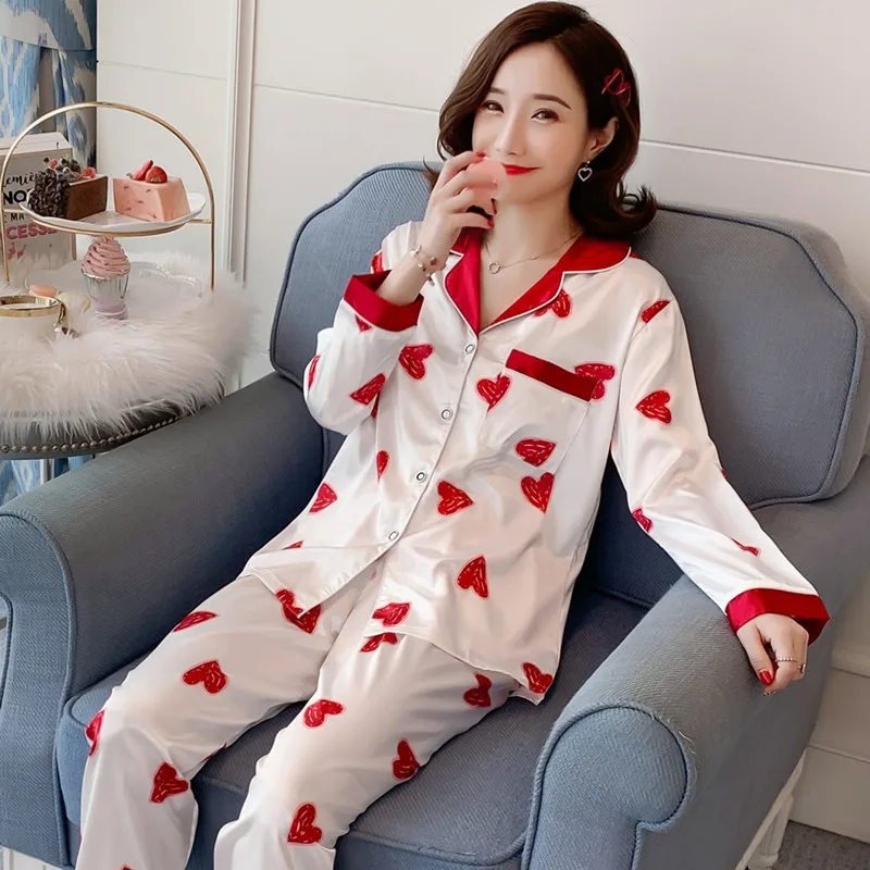 M-XXL Spring Autumn Pijama Mujer Long-Sleeved Faxu Silk Pajamas Women's Full Length Pyjamas Women Home Clothes Sleepwear