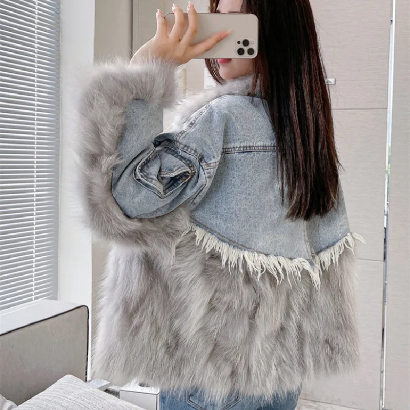 Женская куртка средней длины джинсовая парка из искусственного меха енота с