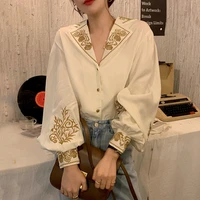 korean chic embroidery womens vintage blouse single breasted loose lantern sleeve shirt blouse women tops blusa feminina