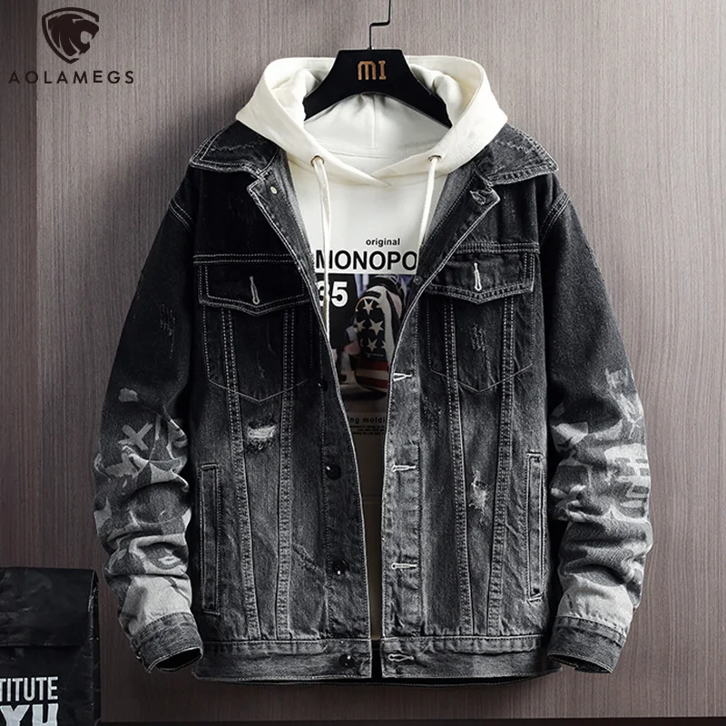 

Aolamegs Hip Hop Denim Jackets Men Gradient Korean Casual Hole Men's Jacket Homme Spring Parkas Windbreaker Fashion Streetwear