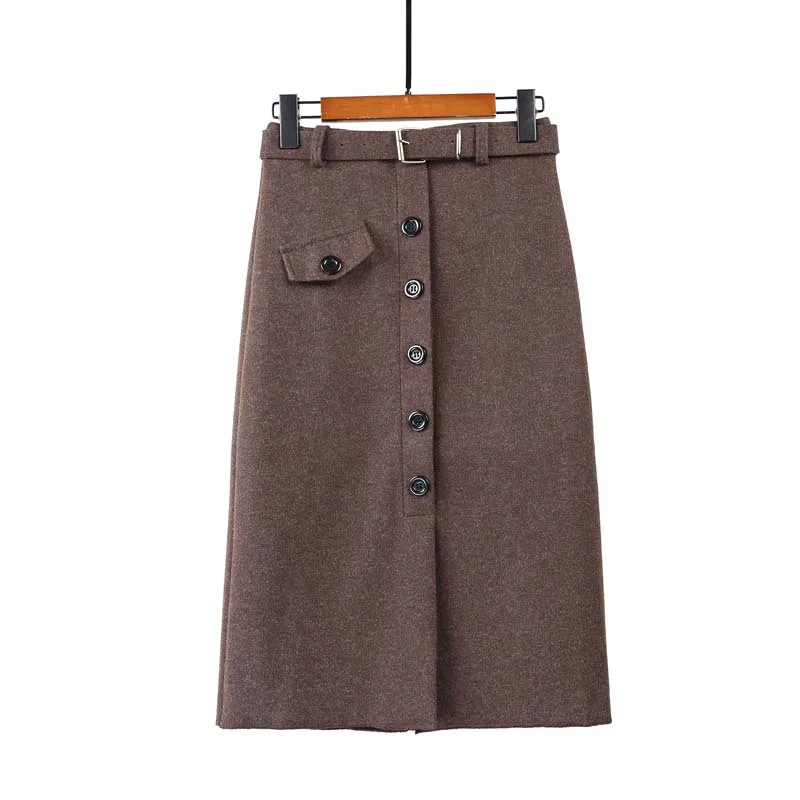 

Осенне-зимняя женская теплая шерстяная юбка-карандаш 2021, пикантная облегающая двубортная юбка средней длины на пуговицах с высокой талией, ...