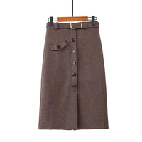 autumn winter womens warm woolen pencil skirt 2021 sexy slim high waist breasted button midi skirt package hip skirt with belt