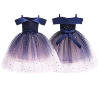blue off shoulder princess dress girls drawstring print bunched waist pompous cloth belt decoration zipper summer party dresses