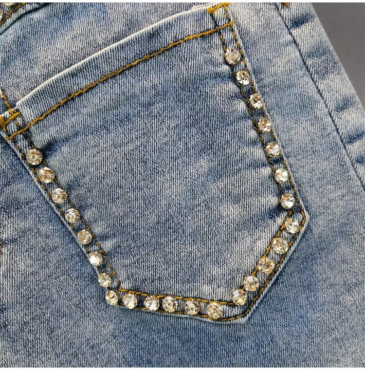 

Exquisite Rhinestone Jeans Women's Fashionable 2021 Summer New High Waist Denim Pants Slim Fit Stretch Skinny Trousers