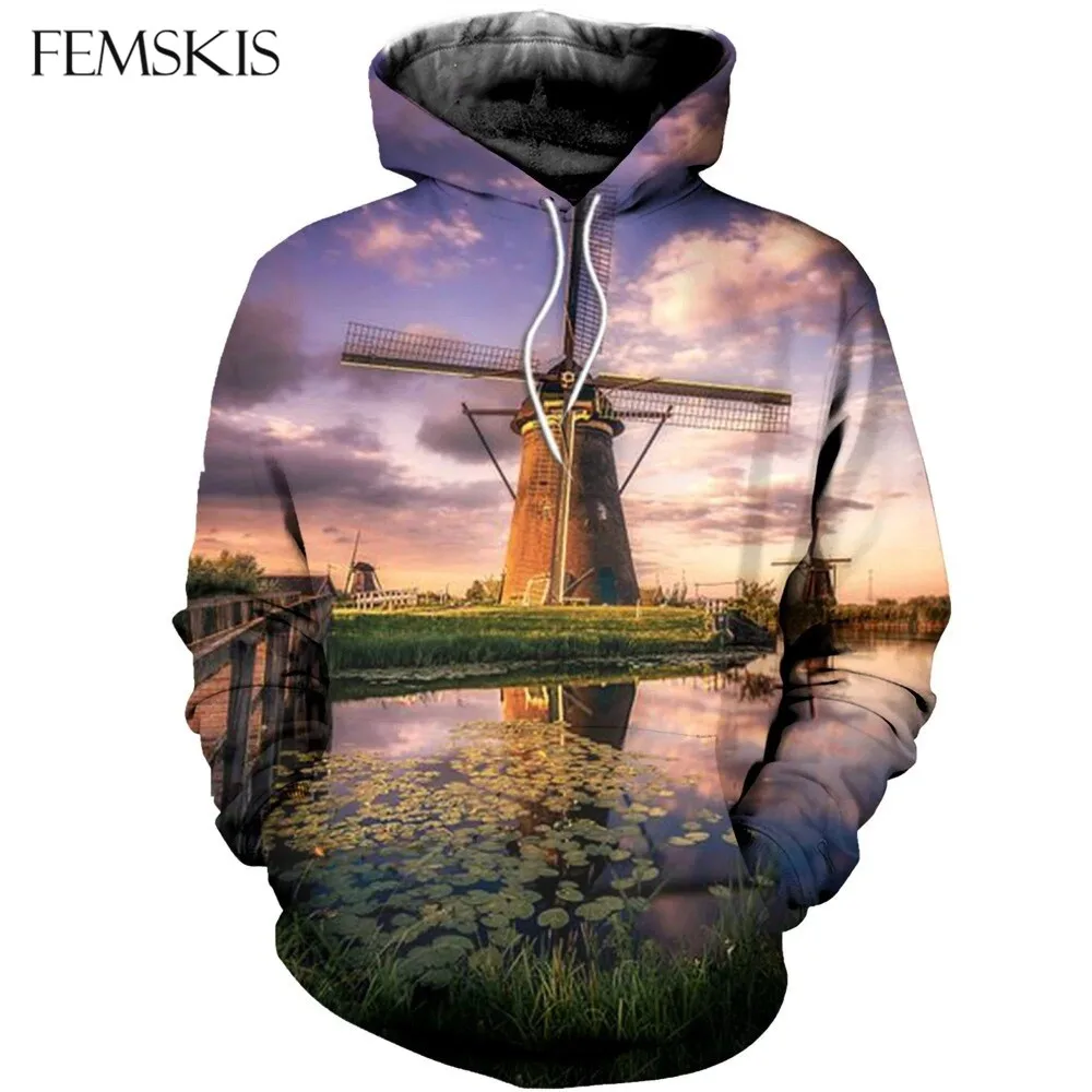 

FEMSKIS Windmill Men's Women's 3D Hoodies Sweatshirts Hoodies Zipper Hoody Coat Fashion Clothes Outerwear Unisex Harajuku