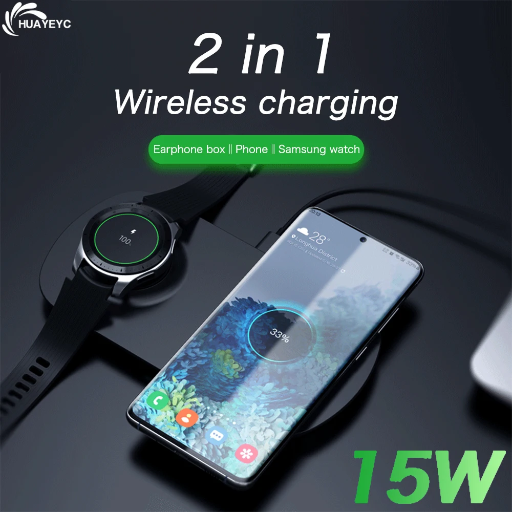 

2 in 1 Qi Wireless Chargers 15W Fast Charging Pad For Samsung Galaxy S21/S20/S10/S9 Watch 3 4/Gear S3 S4/Active 2 Buds Pro Live