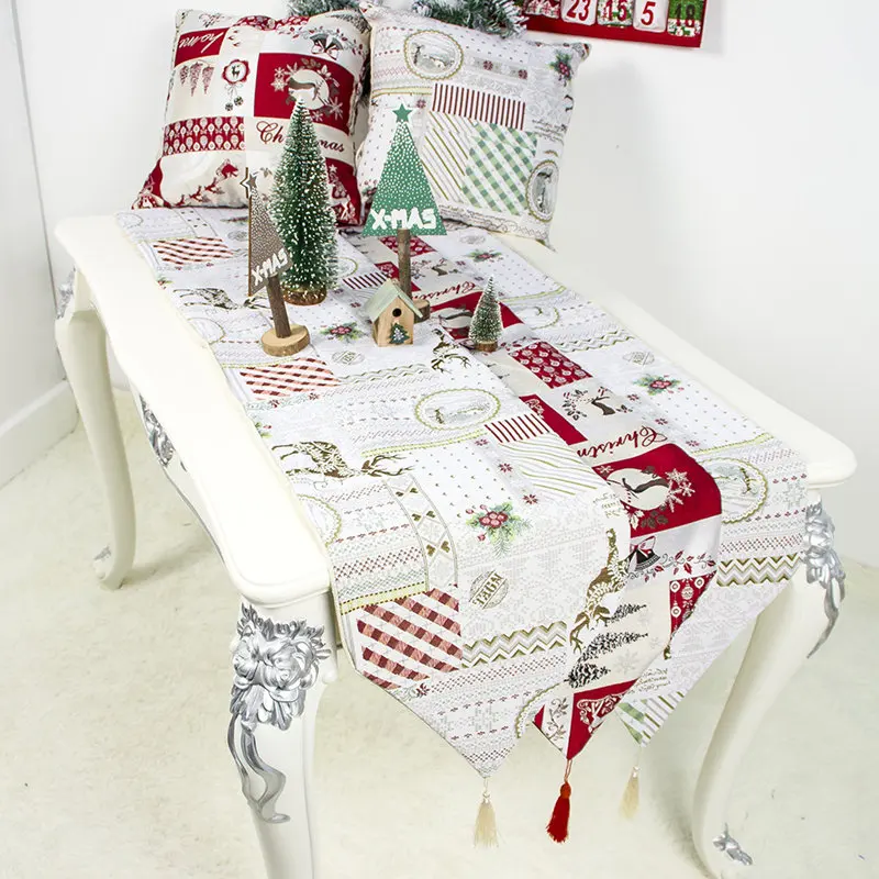 

Snowman Elk Embroidered Tablecloth Christmas Table Runner Desktop Cover with Tassel