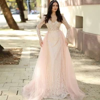 chic pink lace tulle long prom dresses v neck long sleeves princess formal party dresses special occasion gowns vestido de gala