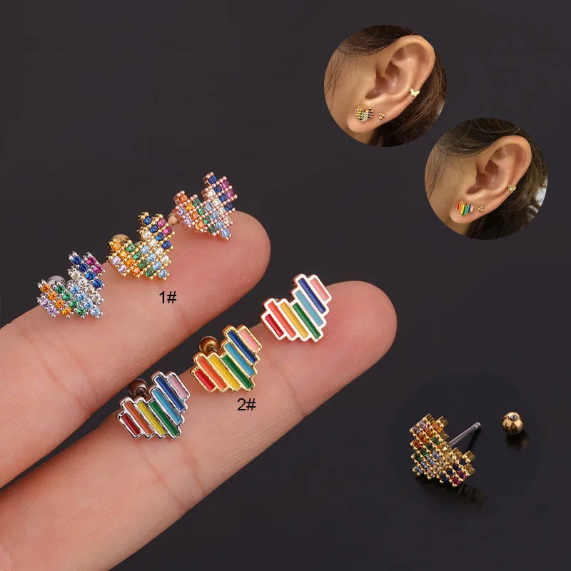 

1pc Heart Stud Earring for Women Tragus Cartilage Ear Piercing Zircon Rainbow Helix Daith Stainless Steel Trendy Jewelry Gift