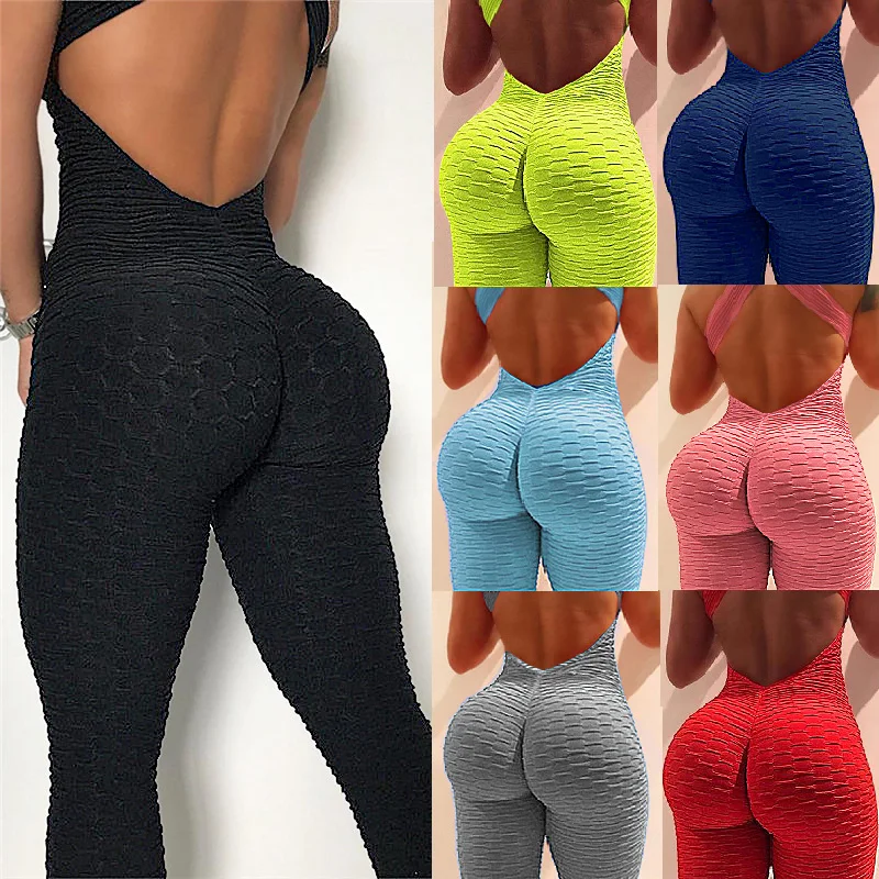 

2021 Women's Sports Suit Sleeveless Backless Jumpsuits Costume Quick Dry Gym Bodysuit Tracksuit Fitness Tights Scrunch Leggings