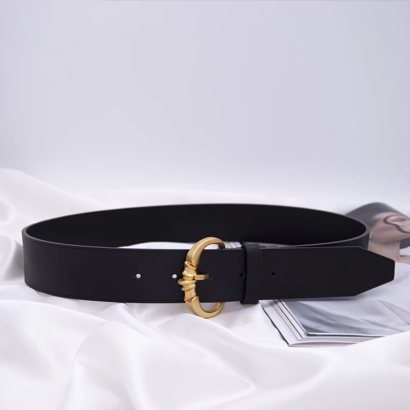 Embossed antique gilt cow leather belt leather matte gold needle buckle wide trouser belt dress small waist cover pure white