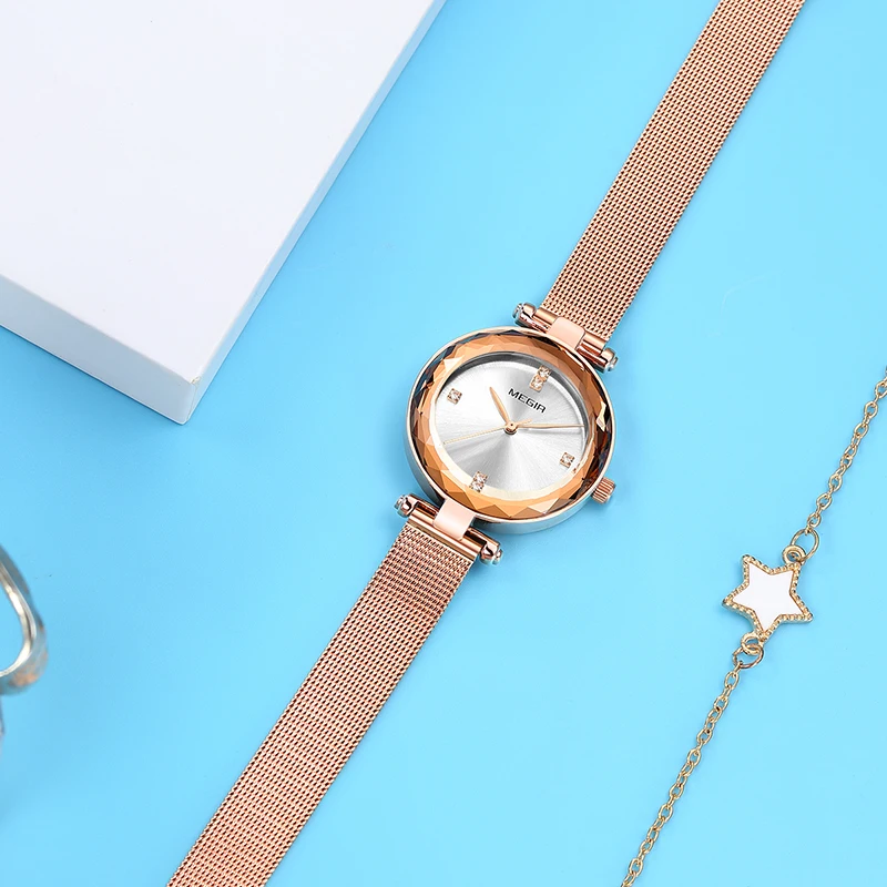 Новые MEGIR Роскошные модные часы с бриллиантами Rosegold синие женские Простые Женские часы водонепроницаемые кварцевые наручные часы Relogio Feminino