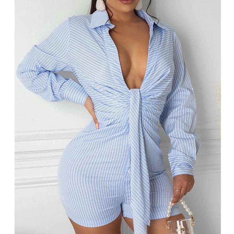 

Mandylandy Playsuits Clubwear Sexy Sheath Jumpsuits Blue Striped Jumpsuits Long Sleeve Deep V Strap Tight Shorts Jumpsuits