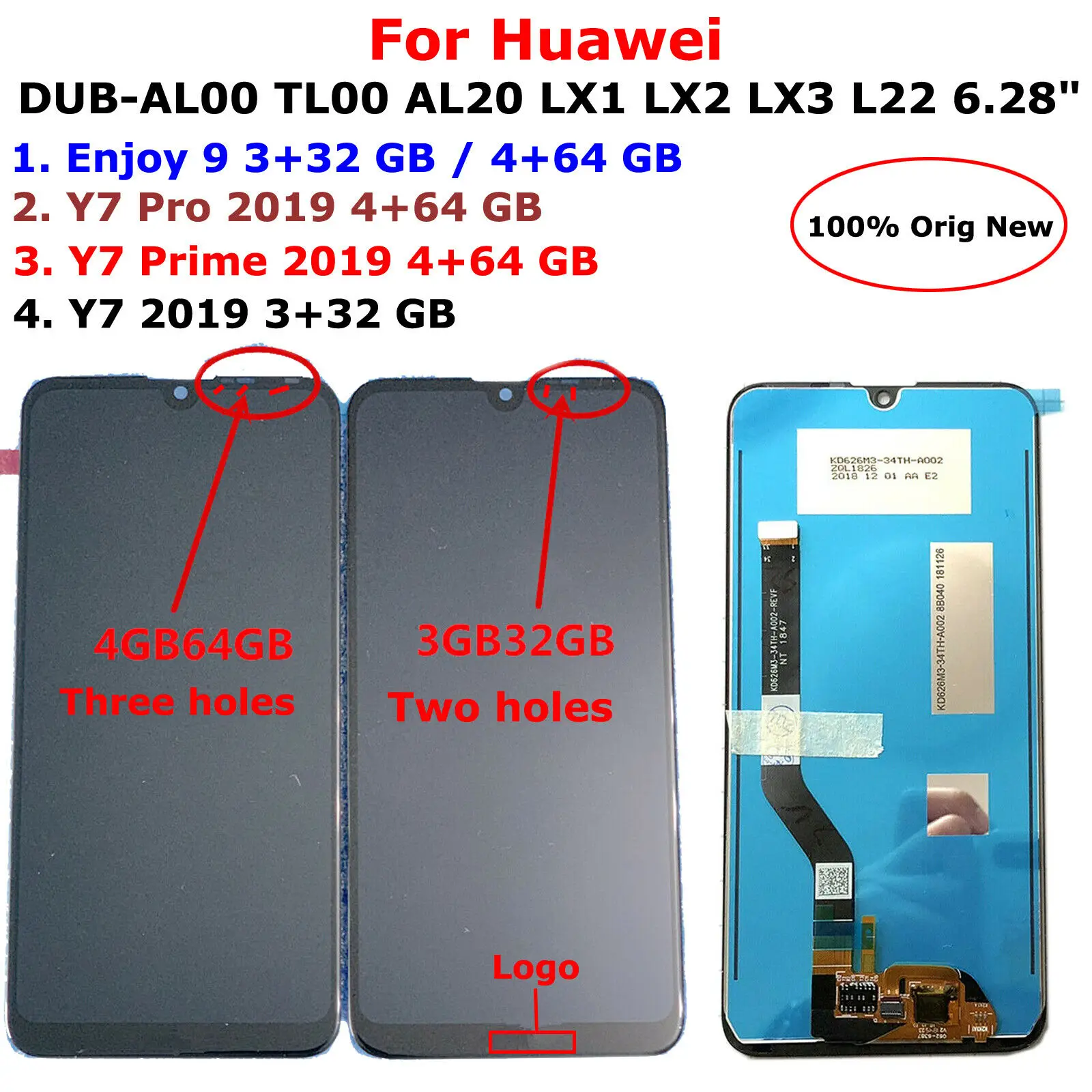 Купи Оригинальный сенсорный ЖК-дисплей 6, 28 дюйма для Huawei Enjoy 9/Y7 /Y7 Prime /Y7 Pro 2019 DUB-AL00 TL00 AL20 LX1 LX2 LX3 L22 за 1,739 рублей в магазине AliExpress