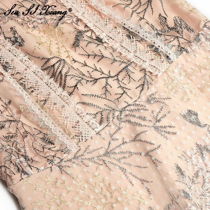 

Seasixiang European Runway Lace Party Dresses Women's Short Sleeve Embroidery Diamond Lace Mid Calf Length Festa Vestidos