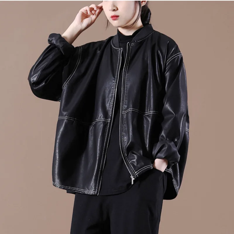 

IEQJ Spring Autumn Clothing 2021 New Female Korean Version Loose Cozy Baseball Collar Open Line Leather Short Jacket Women
