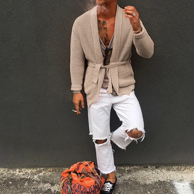 Мужской вязаный кардиган с длинным рукавом повседневное зеленое пальто средней