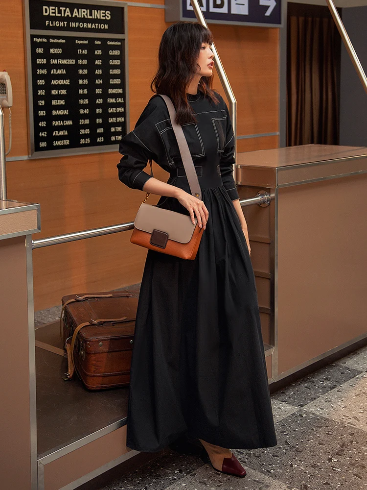 Ankle Length 127cm Высокое качество, Брендовая женская одежда, платья, Осеннее женское платье со стоячим воротником, с цветным блоком, с рукавом 3/4, винтажное платье рокабилли - Цвет: Ankle Length 127cm