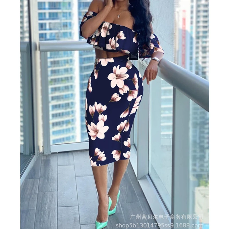 

WEPBEL Women's Sexy Floral Print Slim Suit Summer Fashion Short Sleeve Slash Neck Top + High Waist Skirt Suit