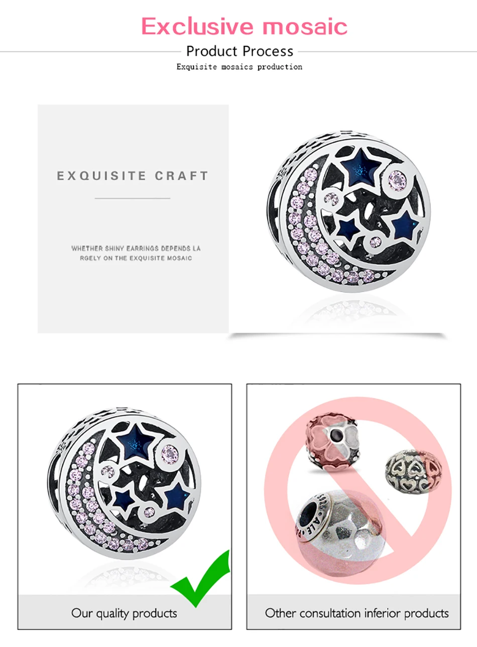 ELESHE 925 Sterling Silvrer Pink Clear CZ Moon Night Sky Star Charm Fit Original Charm Bracelets Necklaces DIY Jewelry Making