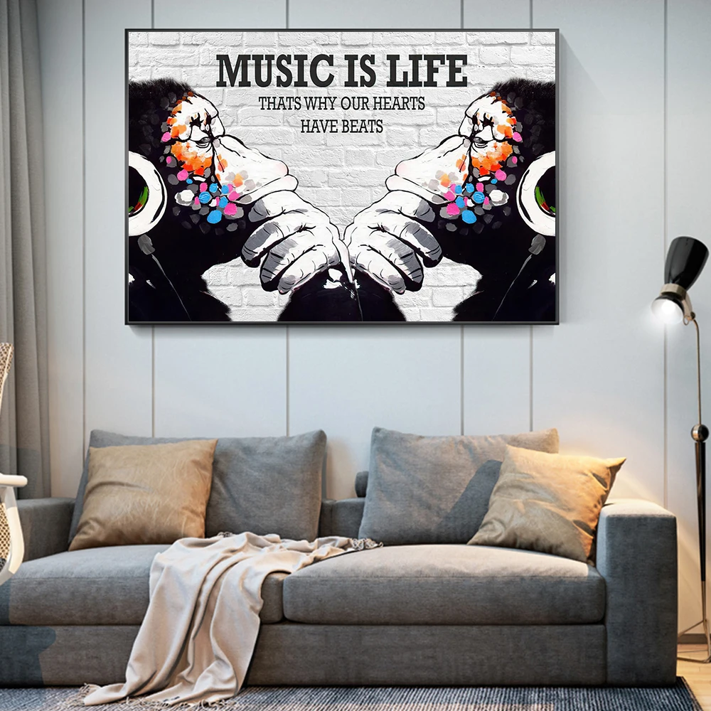 

Abstract Clever Monkey Listening To Music Posters Prints Graffiti Canvas Wall Paintings Music Is Life Animal Attitude Home Decor