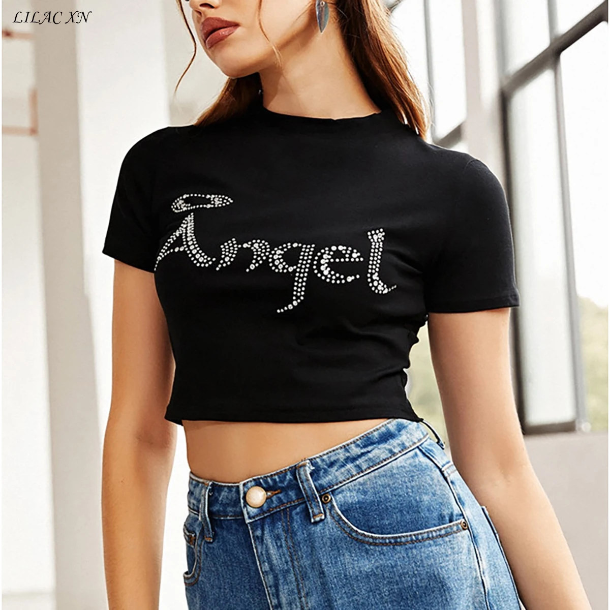 

Goth Diamonds Letter Angel Sexy Crop Top Women's T-Shirts Short Sleeve O-Neck Streetwear Summer New Fashion Clothing Party 2021