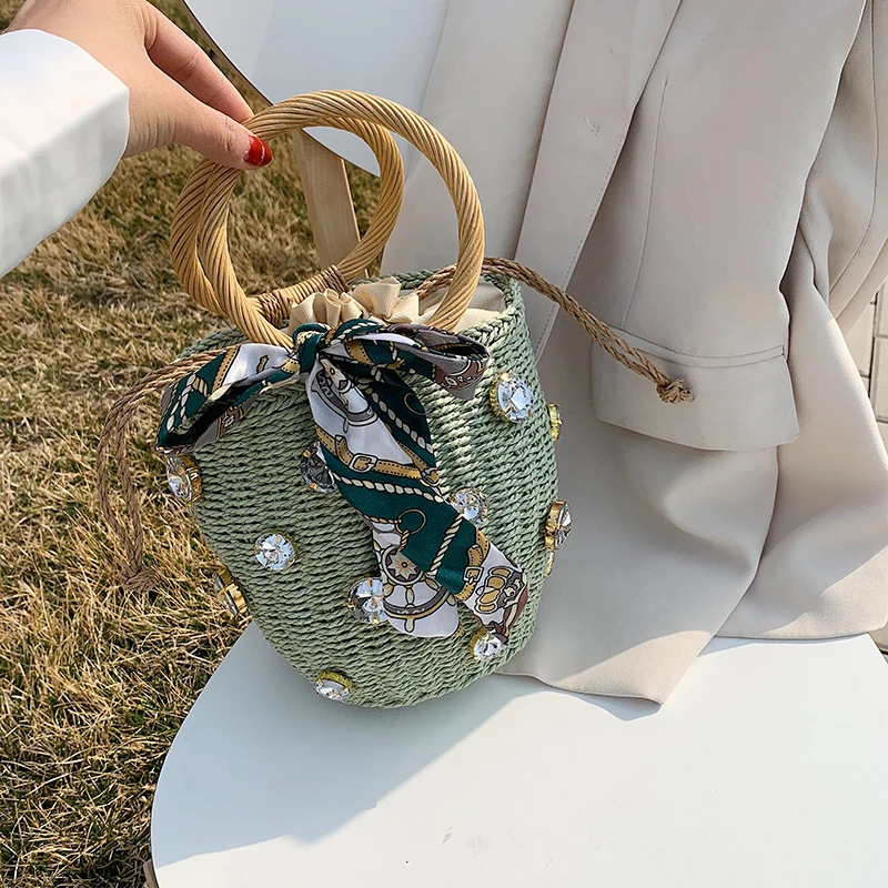 Новая маленькая Соломенная Сумка ведро ручной работы украшенная стразами