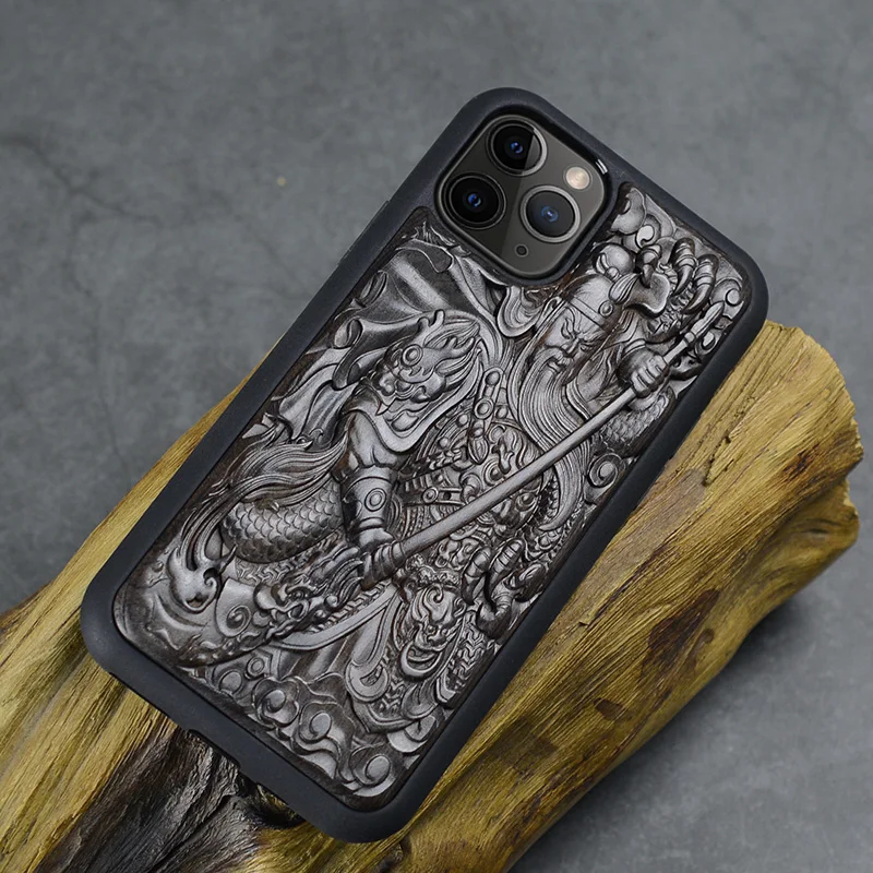 

Case For iPhone 11 Pro Max ebony Black wood 3D Stereo Emboss Carved Wooden TPU Back Cover Case For iPhone 11 iPhone 11 Pro 2019