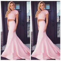 sweety pink two piece mermaid prom dress 2020 delicate pearls formal pageant gowns jewel short sleeve sweep train evening wear
