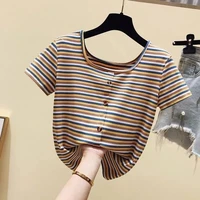 cotton top 2021 summer striped t shirt female short sleeve tee student square collar tops women buttons slim cropped top camisas