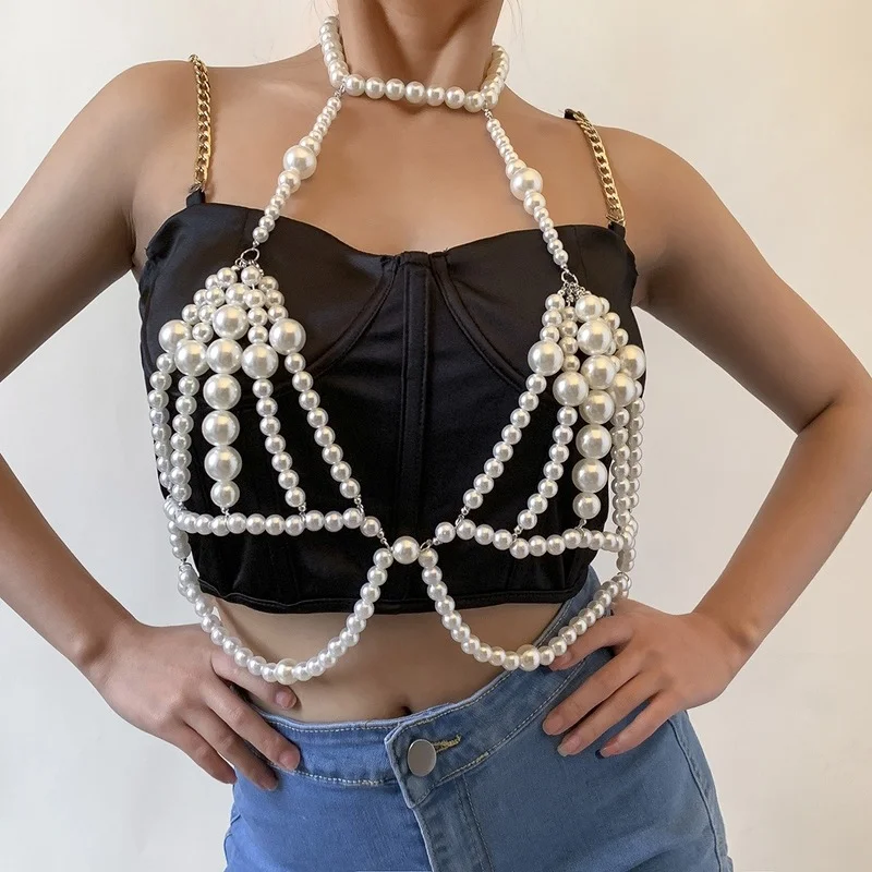 

Woman Sexy Chains Body Jewelry Imitation Pearl Harness Chest Multi Layered Pearls AccessoriesTrend Women Belly Waist Chain