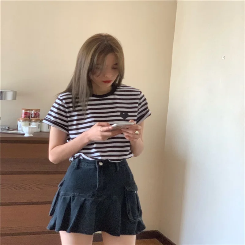 

Short Sleeve T Shirts Women O Neck Love Embroidery Stripes Loose Casual Tees Kawaii Korean 2021 Summer Basic Fashion Shirt Tops