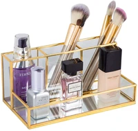 retro golden glass cosmetic organizer perfume nordic elegant cosmetic pen brushes holder makeup for vanity desktop bathroom