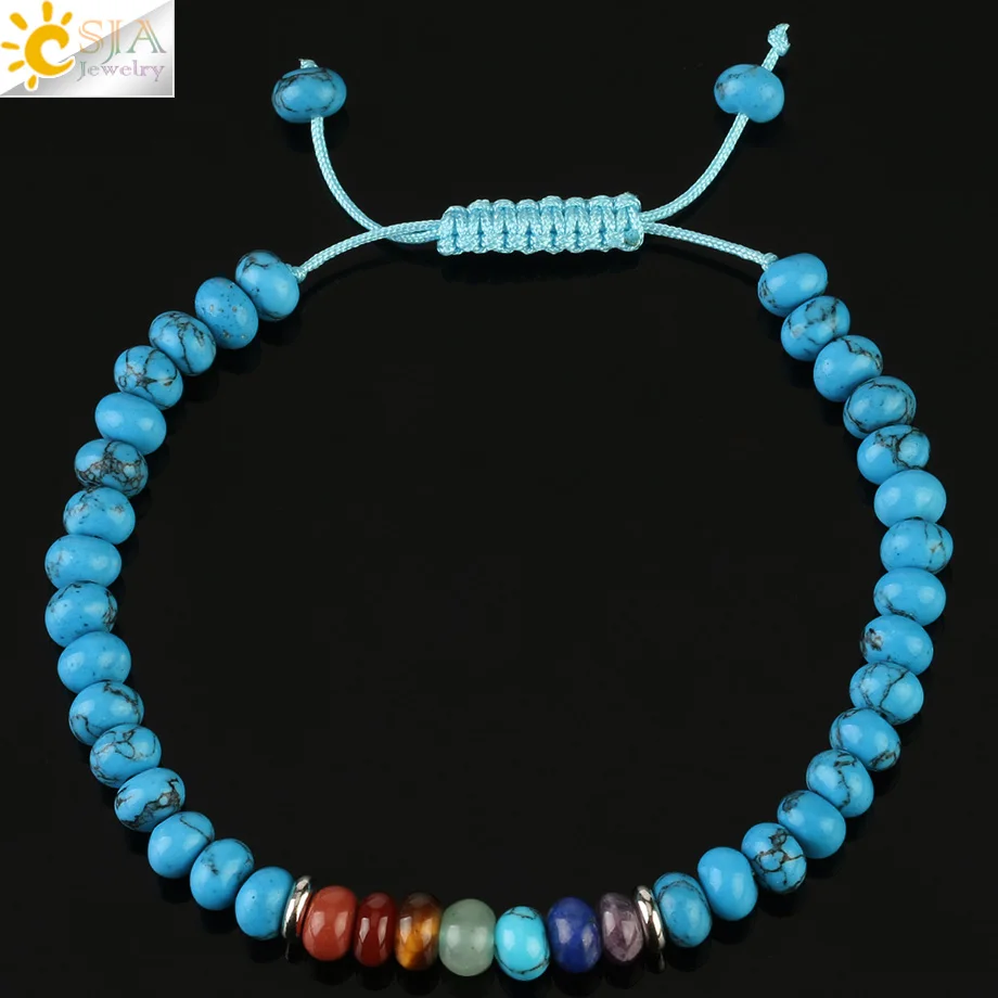 Blue Turquoise Csja натуральный камень бусина для счет 7 Чакра бисерные браслеты целебный Фиолетовый Кристалл Лапис плетеный браслет для женщин мужчин G226 - Окраска металла: Blue Turquoise