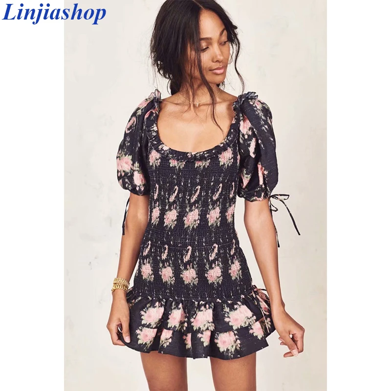 Boho loveshackfancy осеннее платье бежевое с коротким рукавом и оборками тонкое праздничное ins bloggers особый интерес мини-платье женское