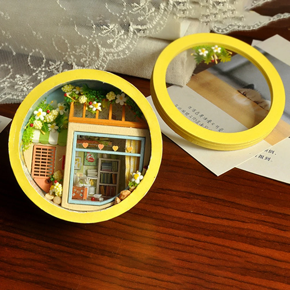 

DIY Dollhouse Cabin Flower Round Box Bottom Hand-assembled LED Miniature Model Toys Creative Birthday Gifts Lovers Gifts