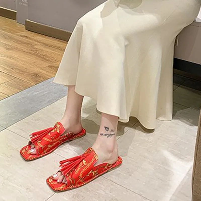

Retro Style Totem Fringe Decor Square Toe Flat With Women Slippers Ladies Summer Sandals Comfortable Outside Slides Shoes