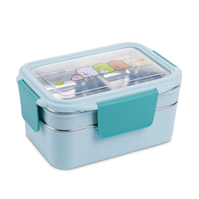 SHAI портативный для детей, для пикника, школы, Bento Box, коробка для обедов с мультипликацией, из нержавеющей стали, двухслойный контейнер для еды - Цвет: Синий