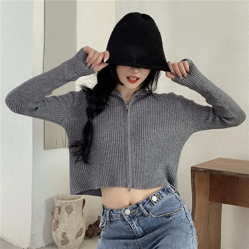 

Girl Summer Autumn Knitted Jacket Thin Cardigan Full Sleeve Knitted Blouse Hooded Black Zipper Vintage Cropped