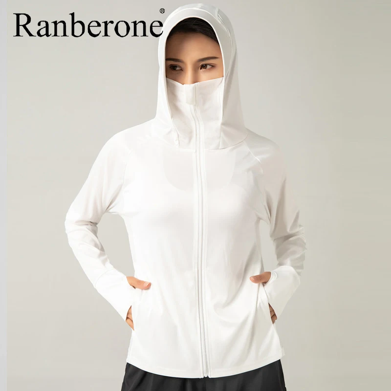 Women’s Sun Protection Clothing Ice Silk Sport Coat Hooded Lightweight UV-resistant Long Sleeves Running Fitness Riding Coat