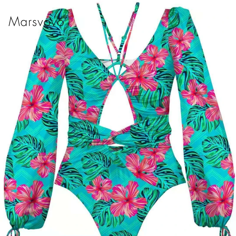 

Long Sleeve Bikinis Sets Hallow Halter Swimwear Lacing Printed Swimsuit One Piece Plus Sizes Sexy Bikinis Backless Bathing Suits