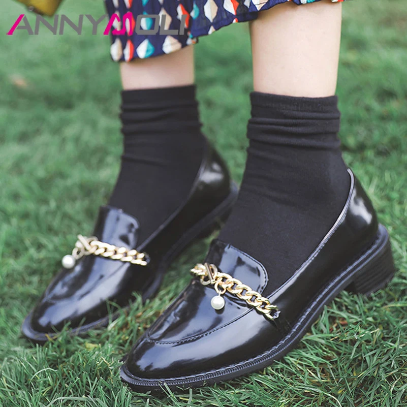 

ANNYMOLI Genuine Leather Mid Heel Loafers Shoes Women Mid Heel Pumps Chain Pearl Fashion Dress Shoes Chunky Heels Footwear Black