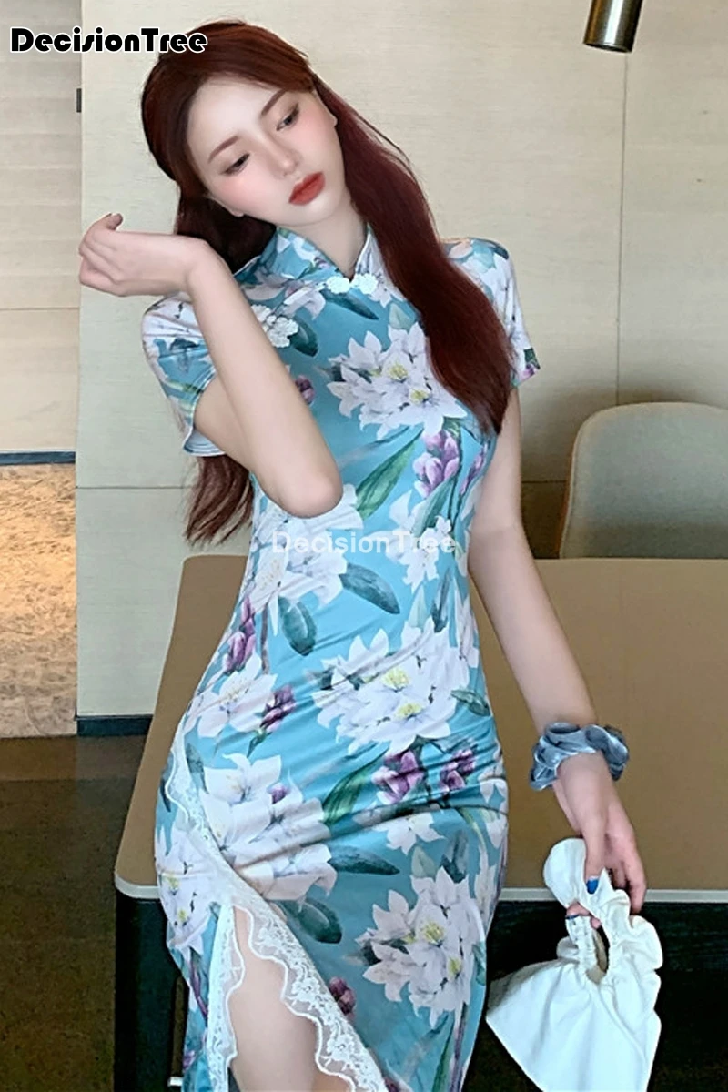 

2021 elegant chinese dress lady qipao vintage mandarin collar chinese dress classic print flower sexy cheongsam vestidos