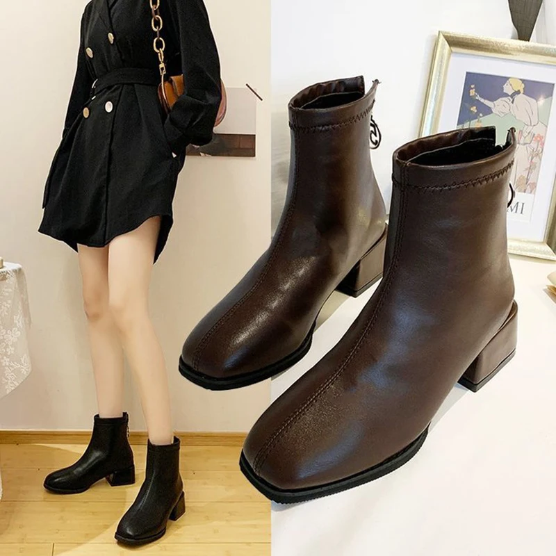 

Female Fashion Nude Boots Black Pu Leather Comfortable Lining Boots Women's Spring and Autumn Elegant Boots