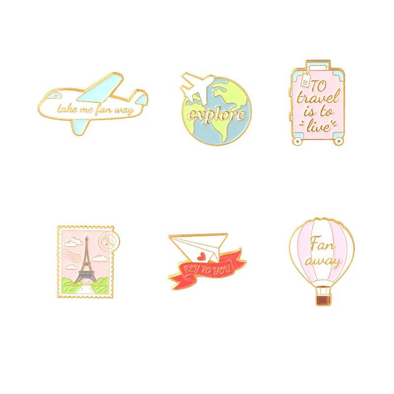 Cartoon Postage Suitcase Airplane Brooches Travel Life Enamel Pins Bag Lapel Badge Fashion Journey Jewelry Gift for Kids Friends