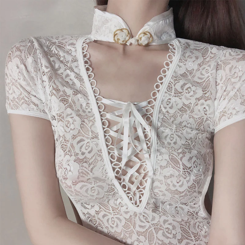 Пикантное Кружевное платье-Ципао с открытой спиной форма соблазнительная ночная