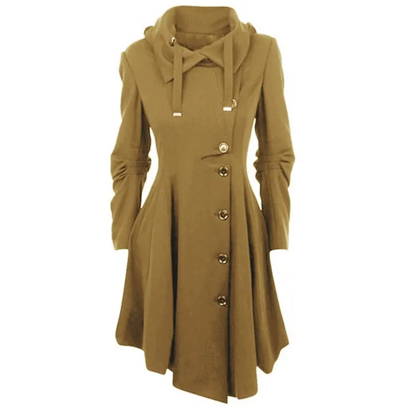 2019 Fashion Long Medieval Trench Woolen Coat Women Black Stand Collar Gothic Overcoat Vintage Femme Outwear |